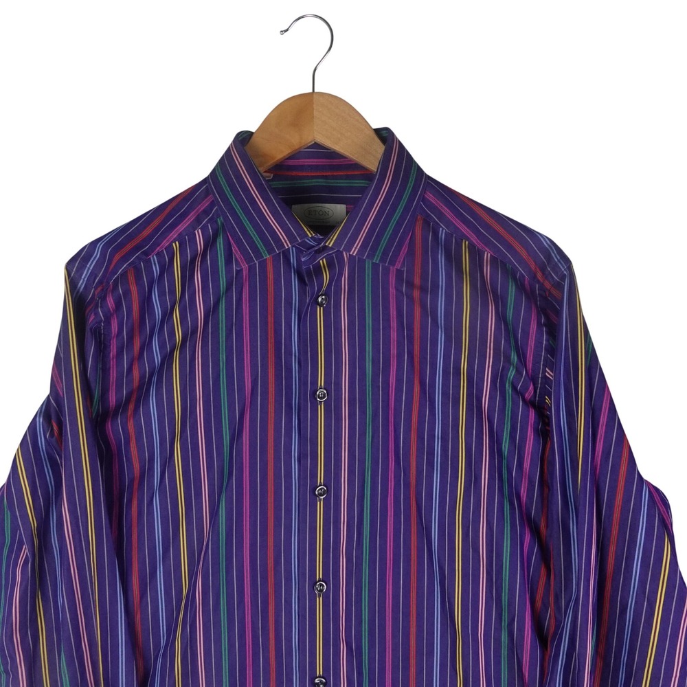 Eton Contemporary Fit Dress Shirt Mens 16.5/42 Purple Multi Color Stripe Cotton - Picture 1 of 8